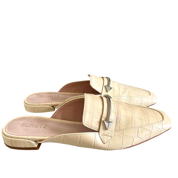 SCHUTZ Croc Embossed Leather Mules In Cream Size 8 - Picture 5 of 10